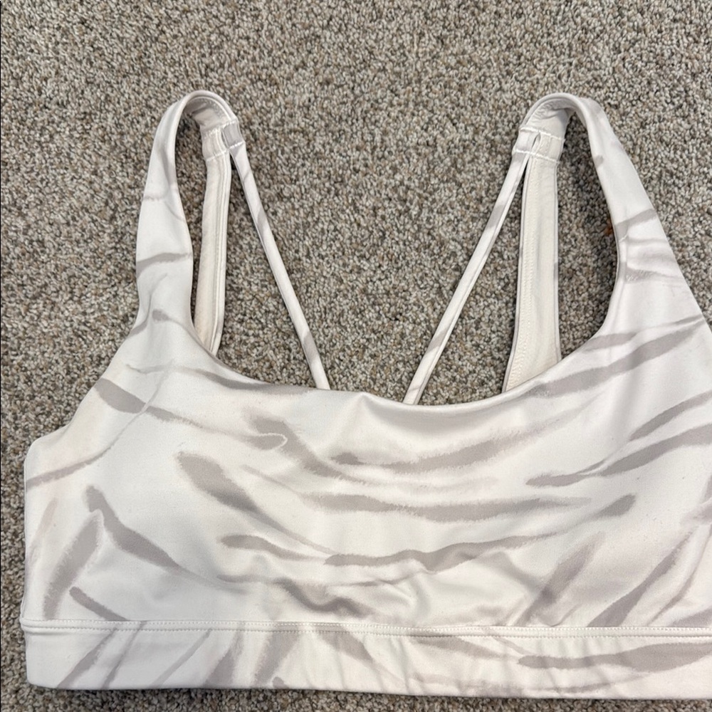 Athleta Cream and Gray Sports Bra with Criss-Cross Straps